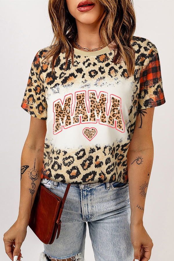 Leopard MAMA Heart Plaid Print O Neck T Shirt