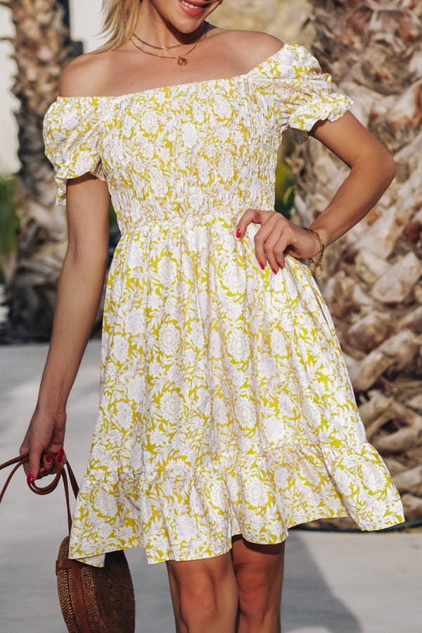 Yellow Shirred Flounce Off Shoulder Floral Dress