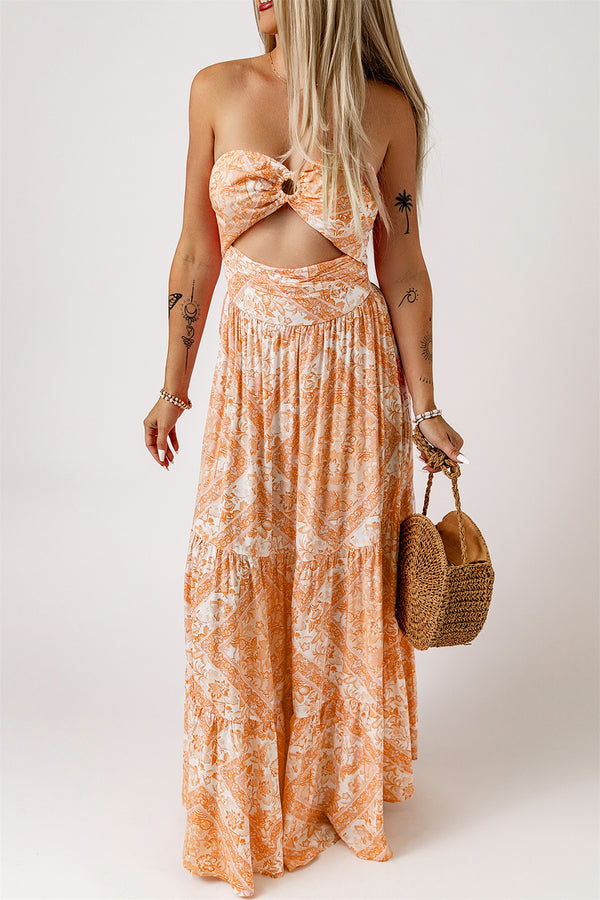 Orange O-ring Cut out Floral Print Strapless Maxi Dress