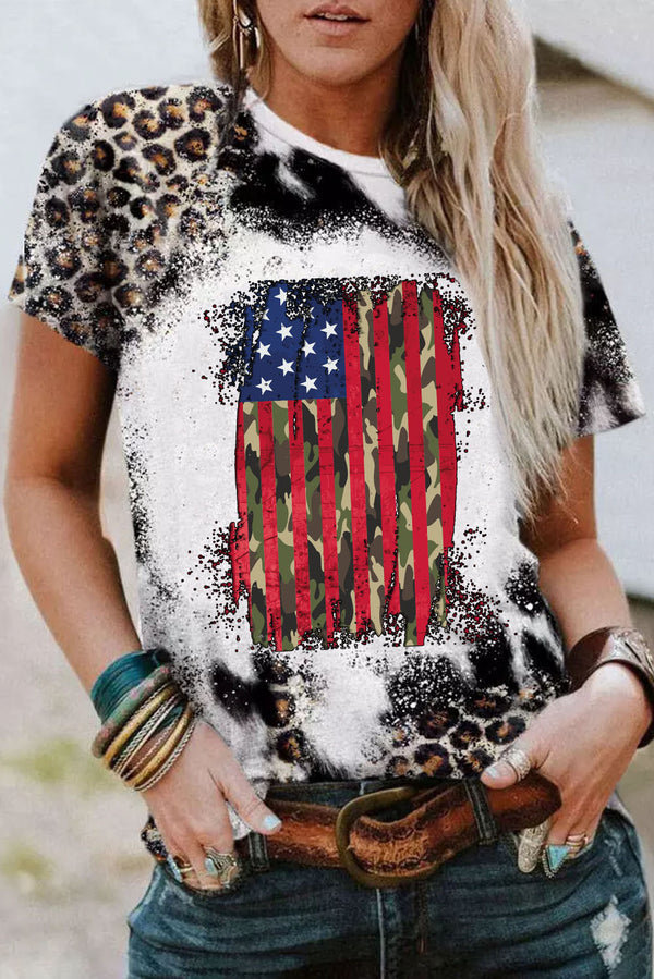 Leopard Vintage American Flag Graphic T Shirt