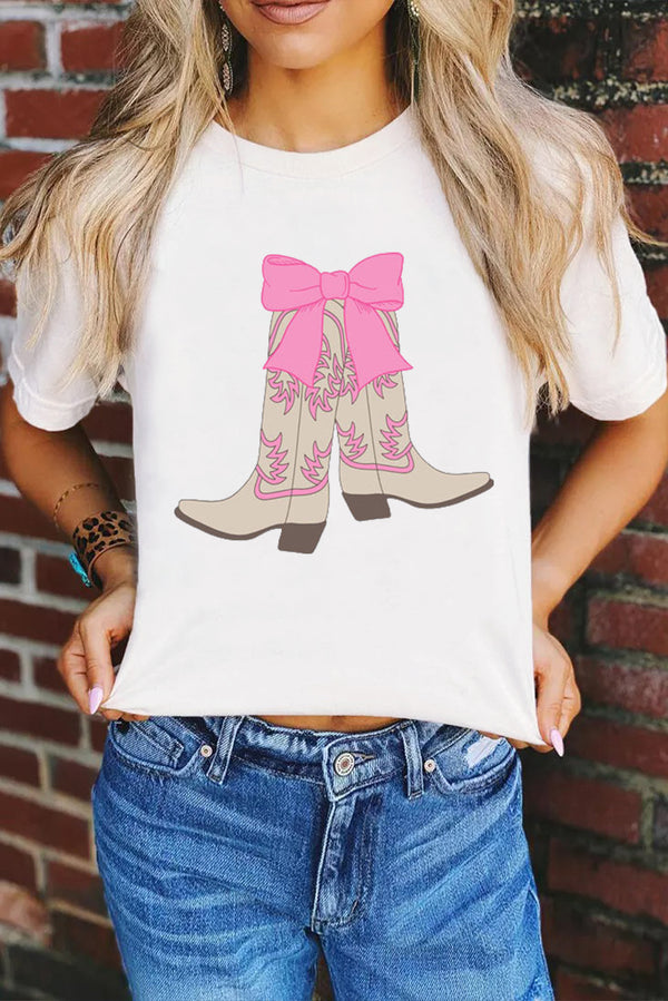 White Western Boots Bow Print Round Neck T Shirt
