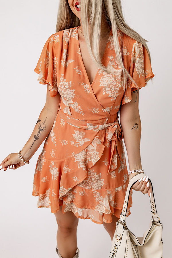 Orange Wrapped V Neck Flutter Sleeve Floral Dress with Ruffle