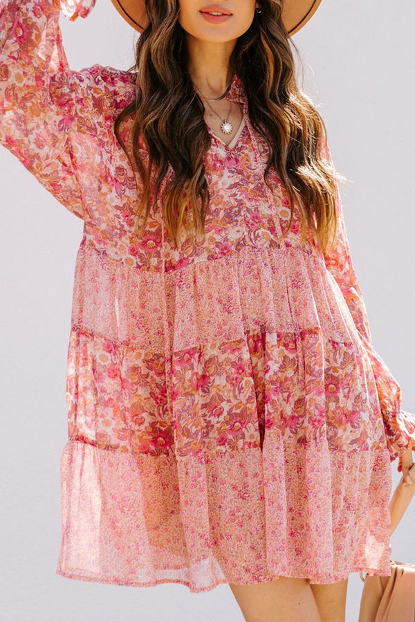 Pink Bubble Sleeve Floral Print Dress