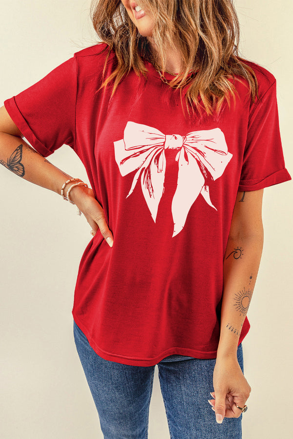 Red-2 Cute Bow Knot Print Crew Neck T Shirt