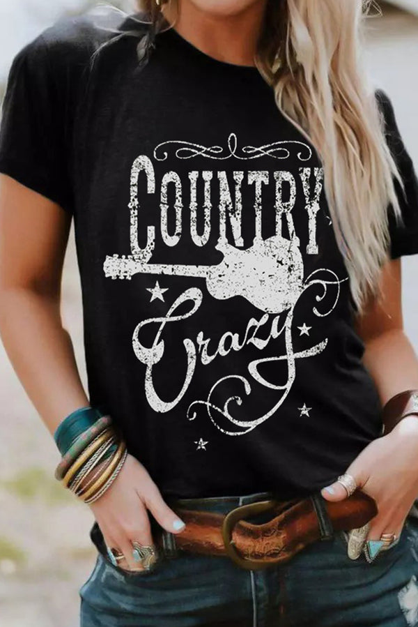 Black Country Music Crazy Print Crew Neck T Shirt