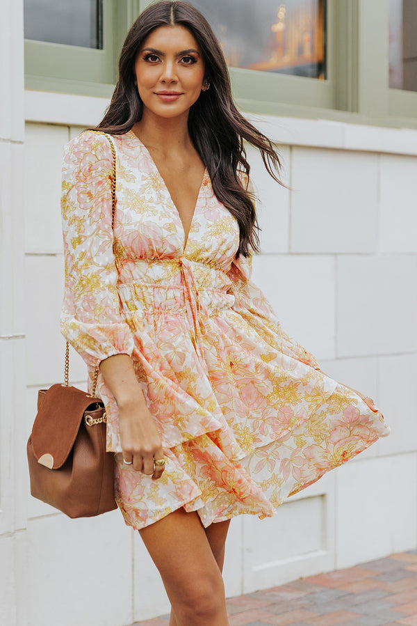 Yellow V Neck Long Sleeve Tiered Floral Dress