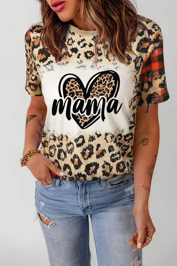 Leopard Mama Heart Shaped Plaid Print Crew Neck T Shirt