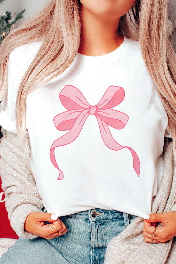 White Flowing Bow Knot Print Round Neck Casual Tee