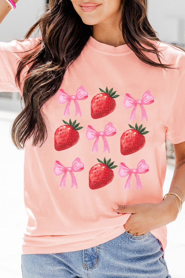 Pink Strawberry & Bowknot Graphic T Shirt
