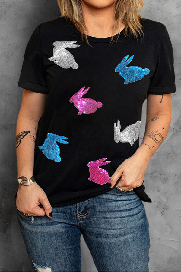 Black Shiny Rabbit Graphic Plus Size Easter T Shirt