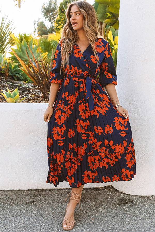 Orange V Neck Wrap Pleated Maxi Floral Dress with Tie