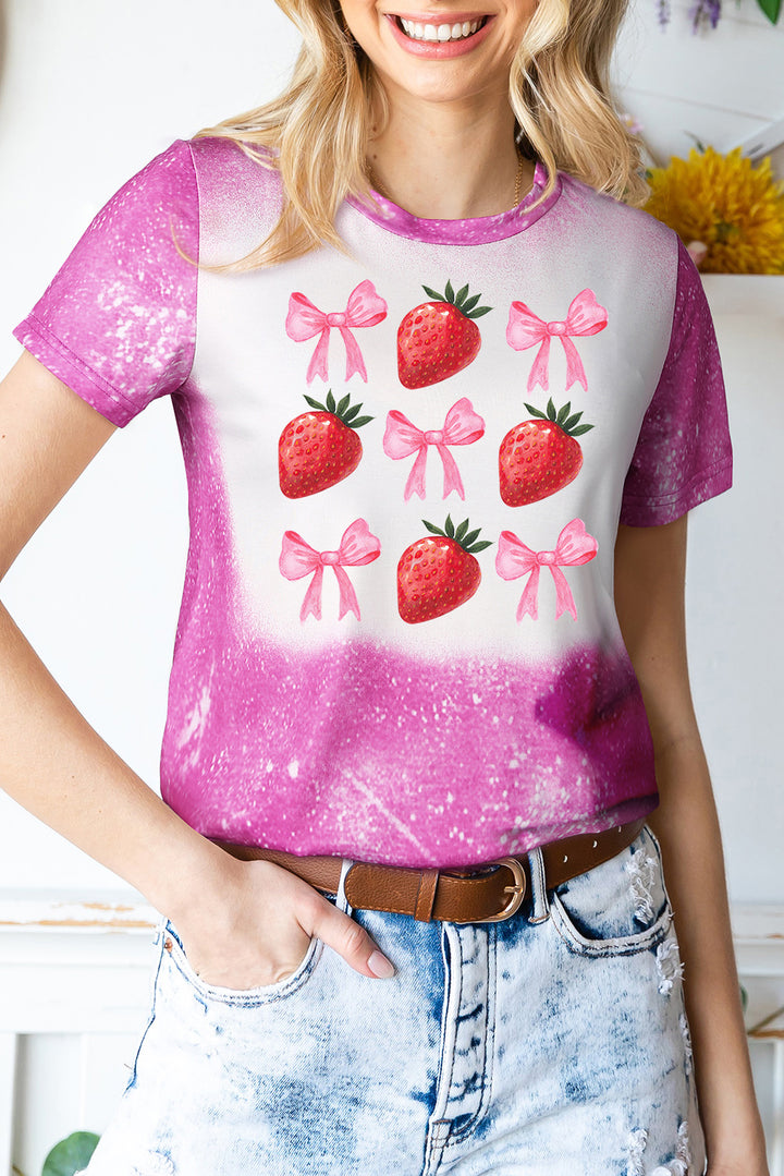 Rose Strawberry Bow Knot Bleach Print O Neck Casual Tee